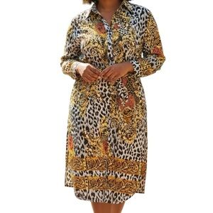 Tacera 2X Ling Sleeve Belted Animal Print & Baroque ShirtDress